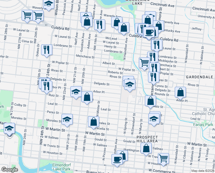 map of restaurants, bars, coffee shops, grocery stores, and more near 1440 Delgado Street in San Antonio