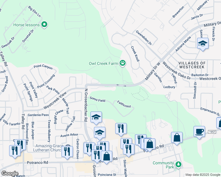map of restaurants, bars, coffee shops, grocery stores, and more near 12218 Jacobs Pond in San Antonio