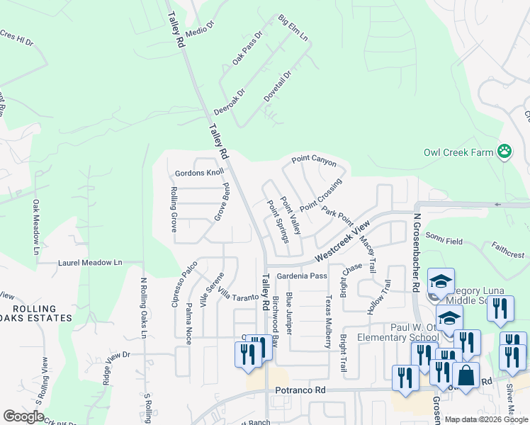 map of restaurants, bars, coffee shops, grocery stores, and more near 12803 Point Range in San Antonio