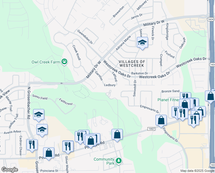 map of restaurants, bars, coffee shops, grocery stores, and more near 11838 Ledbury in San Antonio