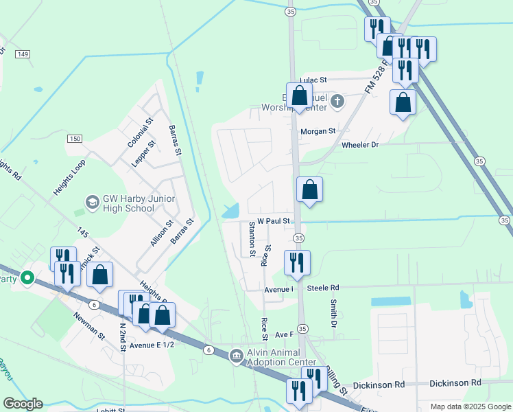 map of restaurants, bars, coffee shops, grocery stores, and more near 1807 Spring Meadow Court in Alvin