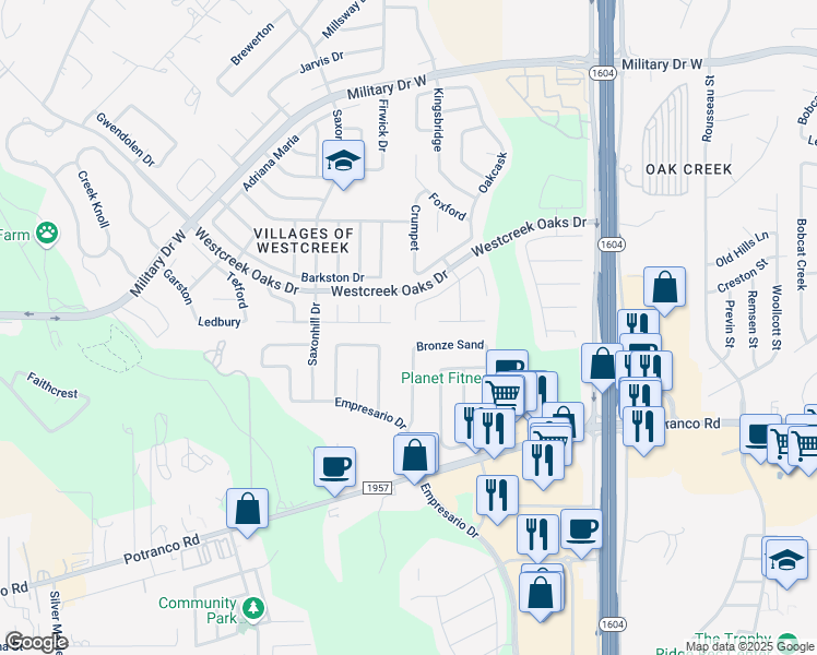 map of restaurants, bars, coffee shops, grocery stores, and more near 1007 Creek Cor in San Antonio