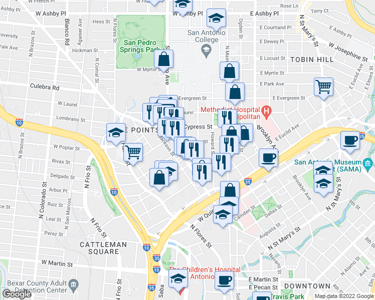 map of restaurants, bars, coffee shops, grocery stores, and more near 530 San Pedro Avenue in San Antonio