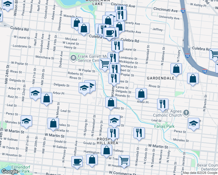 map of restaurants, bars, coffee shops, grocery stores, and more near 1107 North Zarzamora Street in San Antonio