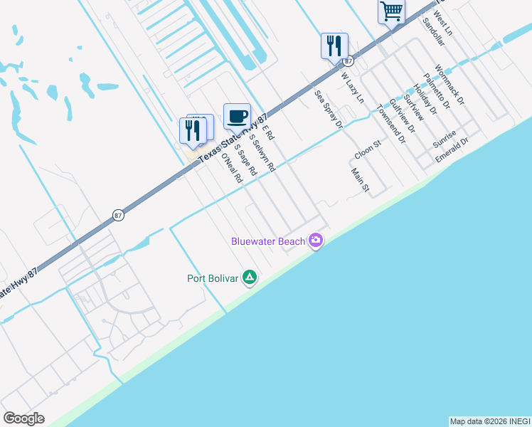 map of restaurants, bars, coffee shops, grocery stores, and more near 888 O' Neil Road in Bolivar Peninsula