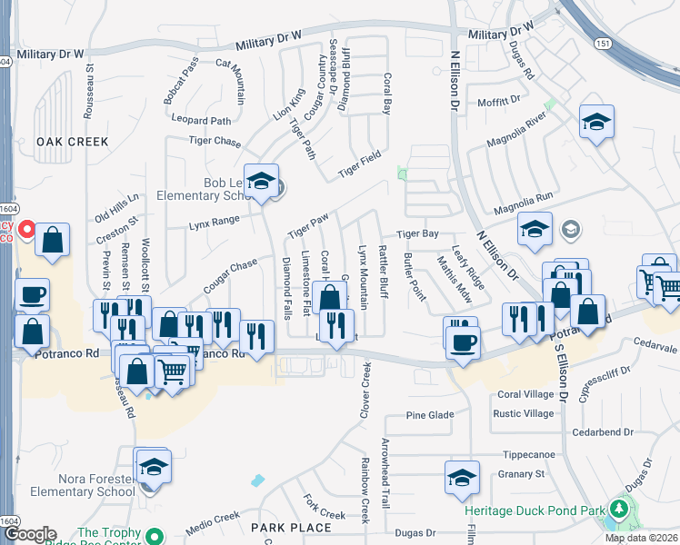 map of restaurants, bars, coffee shops, grocery stores, and more near 623 Granite Cliff in San Antonio