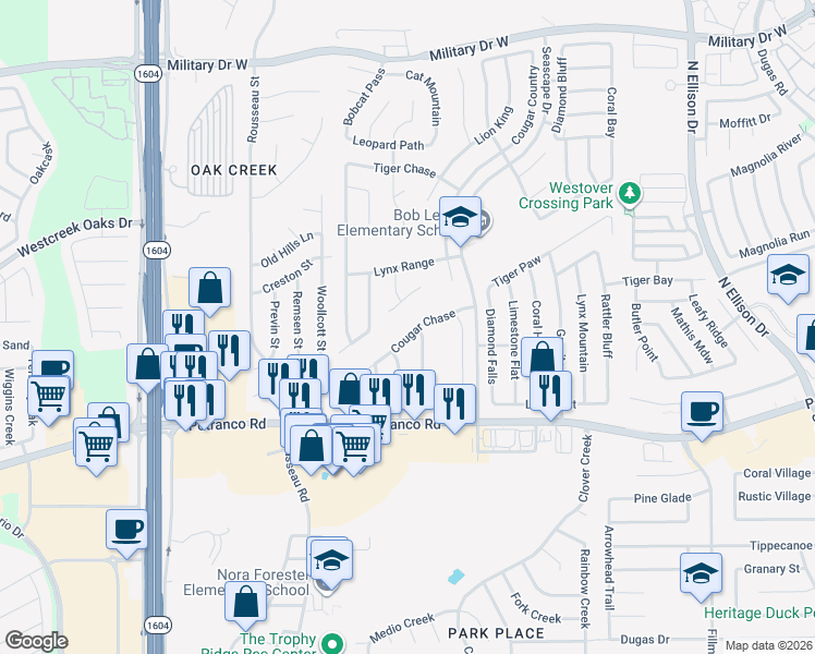 map of restaurants, bars, coffee shops, grocery stores, and more near 10607 Cougar Chase in San Antonio