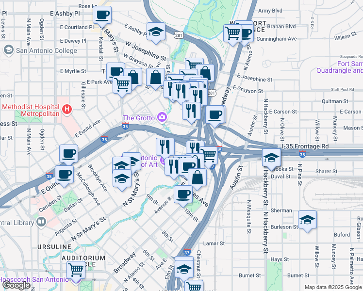 map of restaurants, bars, coffee shops, grocery stores, and more near 313 Avenue A in San Antonio
