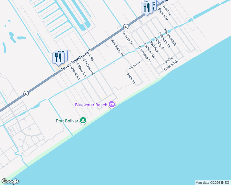 map of restaurants, bars, coffee shops, grocery stores, and more near 1204 North Crystal Beach Road in Bolivar Peninsula