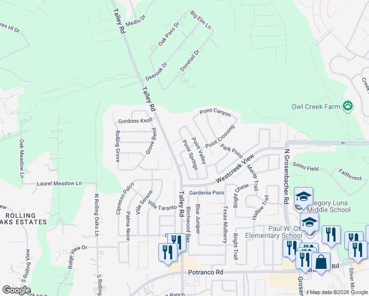 map of restaurants, bars, coffee shops, grocery stores, and more near 12803 Point Range in San Antonio