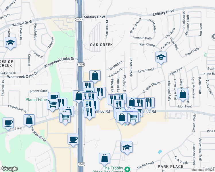 map of restaurants, bars, coffee shops, grocery stores, and more near 11430 Rousseau Street in San Antonio