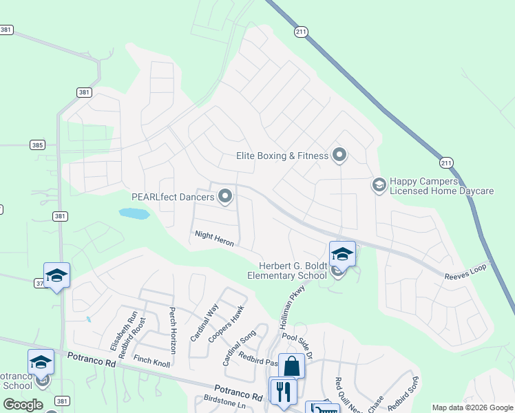 map of restaurants, bars, coffee shops, grocery stores, and more near 478 Eastern Phoebe in San Antonio