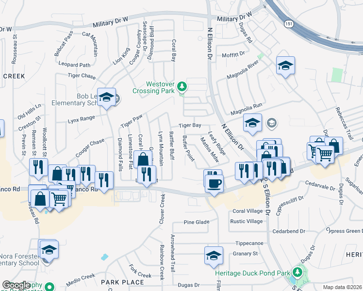 map of restaurants, bars, coffee shops, grocery stores, and more near 718 Butler Point in San Antonio