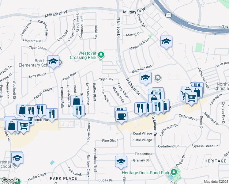 map of restaurants, bars, coffee shops, grocery stores, and more near 714 Barrow Peak in San Antonio