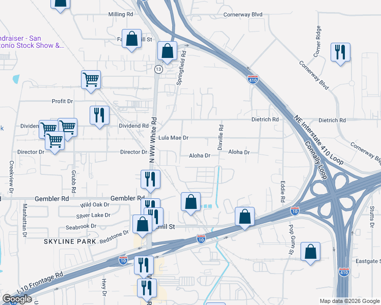 map of restaurants, bars, coffee shops, grocery stores, and more near 4635 Aloha Drive in San Antonio