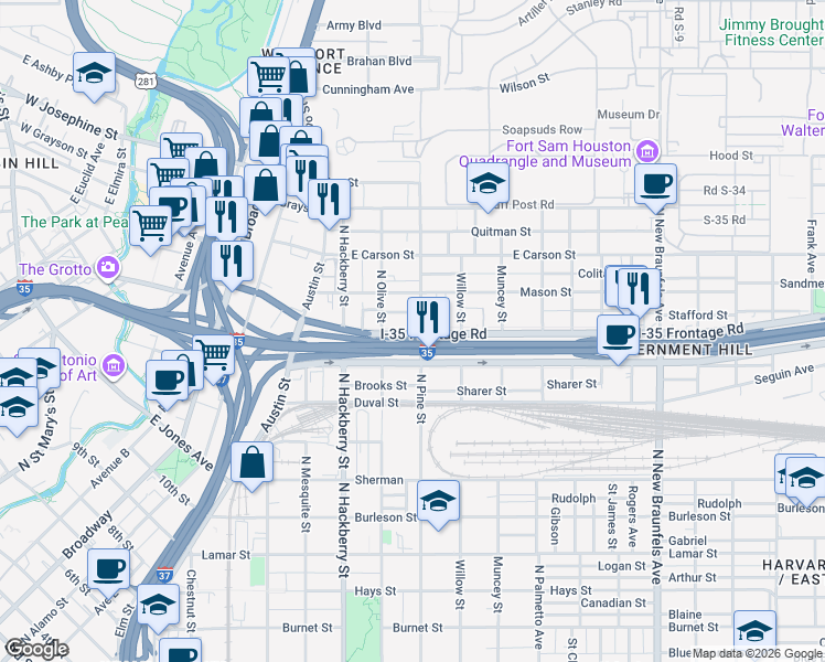 map of restaurants, bars, coffee shops, grocery stores, and more near 1603 North Pine Street in San Antonio
