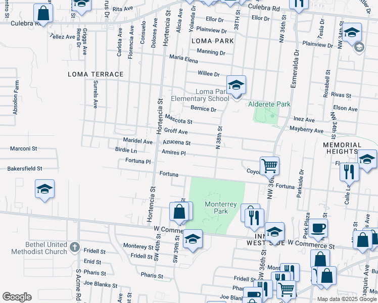 map of restaurants, bars, coffee shops, grocery stores, and more near 415 Amires Place in San Antonio