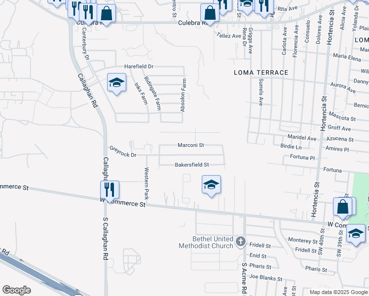 map of restaurants, bars, coffee shops, grocery stores, and more near 5334 Marconi Street in San Antonio