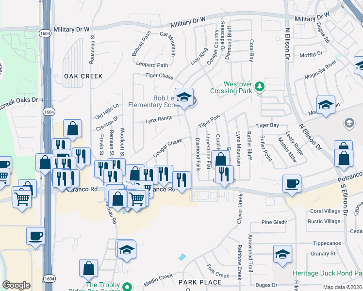 map of restaurants, bars, coffee shops, grocery stores, and more near 10524 Cougar Chase in San Antonio