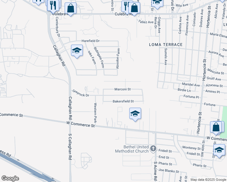 map of restaurants, bars, coffee shops, grocery stores, and more near 5334 Marconi Street in San Antonio
