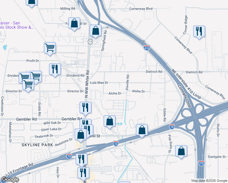 map of restaurants, bars, coffee shops, grocery stores, and more near 4635 Aloha Drive in San Antonio