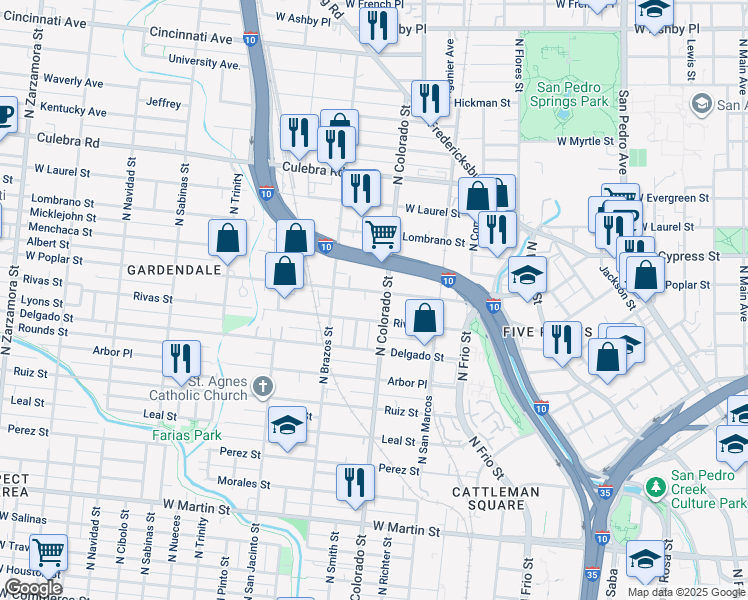 map of restaurants, bars, coffee shops, grocery stores, and more near in San Antonio