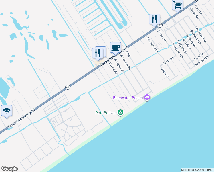 map of restaurants, bars, coffee shops, grocery stores, and more near 931 South Tinkle Lane in Bolivar Peninsula