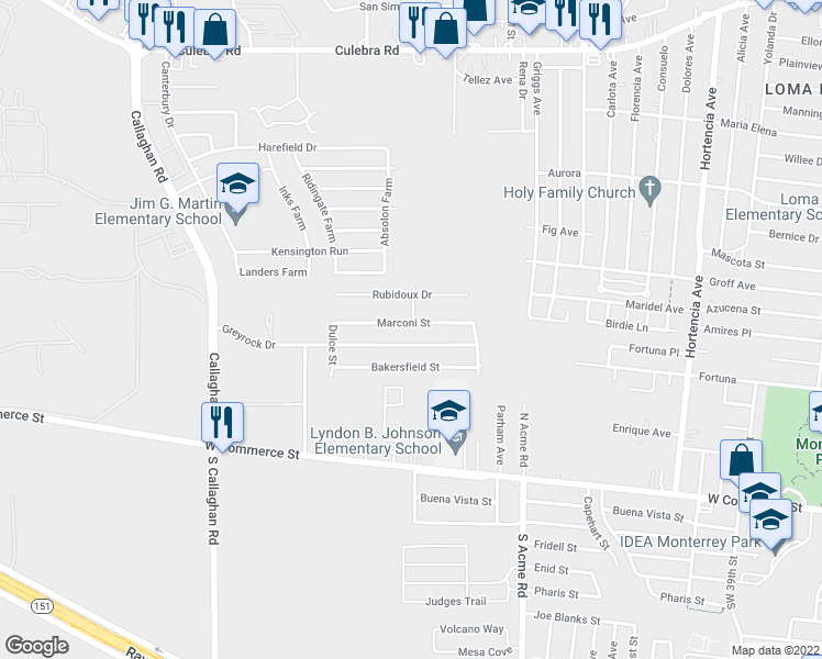 map of restaurants, bars, coffee shops, grocery stores, and more near 5300 Marconi Street in San Antonio