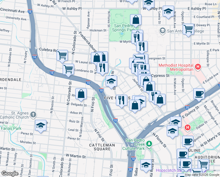 map of restaurants, bars, coffee shops, grocery stores, and more near 1325 North Flores Street in San Antonio