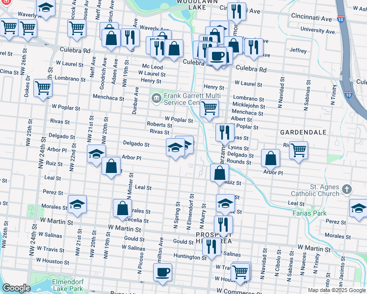 map of restaurants, bars, coffee shops, grocery stores, and more near 1321 Delgado Street in San Antonio