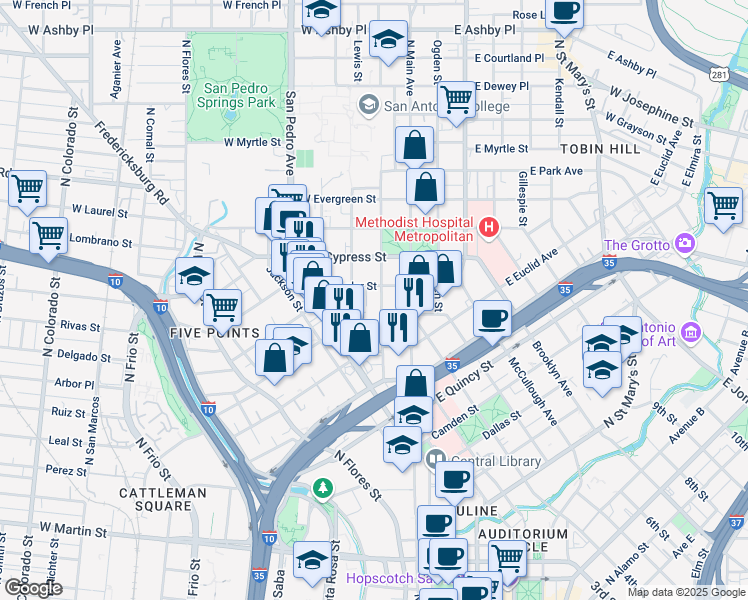 map of restaurants, bars, coffee shops, grocery stores, and more near 311 Howard Street in San Antonio