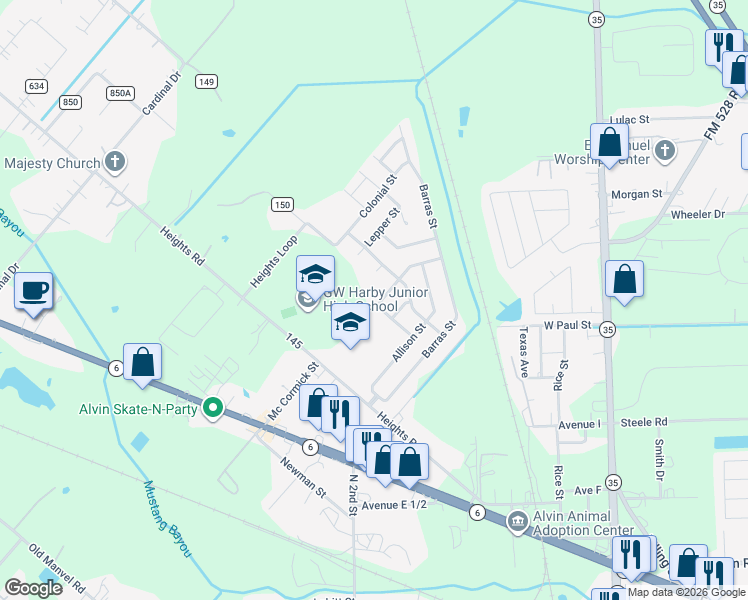 map of restaurants, bars, coffee shops, grocery stores, and more near 1017 Luke Drive in Alvin