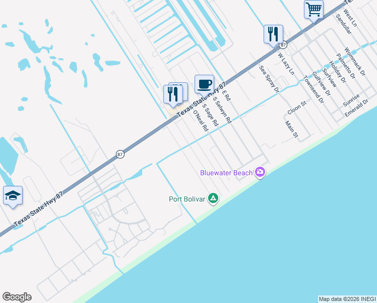 map of restaurants, bars, coffee shops, grocery stores, and more near 931 South Tinkle Lane in Bolivar Peninsula