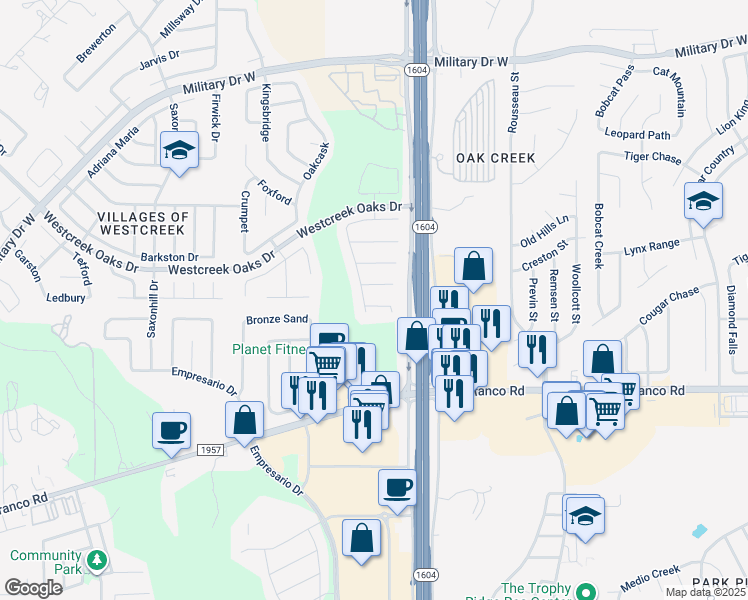map of restaurants, bars, coffee shops, grocery stores, and more near 11535 Spyglass Hills in San Antonio