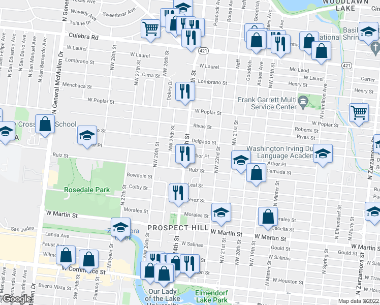 map of restaurants, bars, coffee shops, grocery stores, and more near 2327 Arbor Place in San Antonio