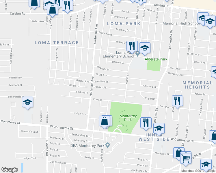 map of restaurants, bars, coffee shops, grocery stores, and more near 415 Amires Place in San Antonio
