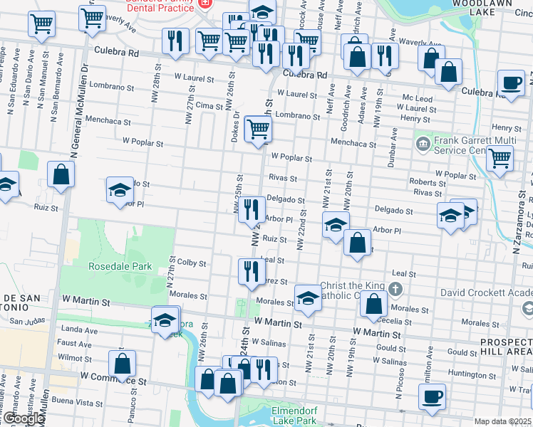 map of restaurants, bars, coffee shops, grocery stores, and more near 2323 Arbor Place in San Antonio