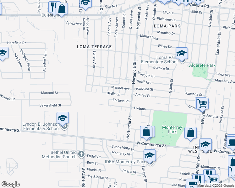map of restaurants, bars, coffee shops, grocery stores, and more near 4906 Birdie Ln in San Antonio