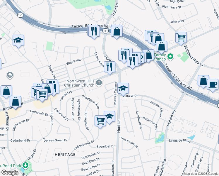 map of restaurants, bars, coffee shops, grocery stores, and more near 9423 Raton Falls in San Antonio