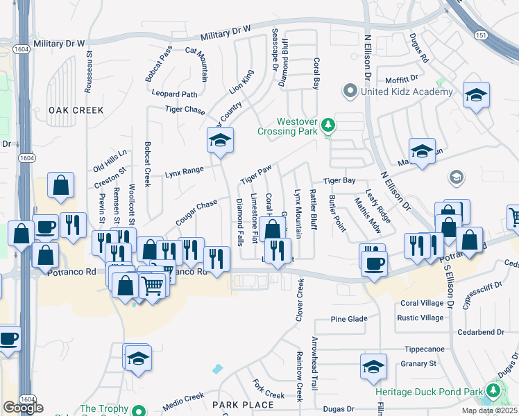 map of restaurants, bars, coffee shops, grocery stores, and more near 626 Limestone Flat in San Antonio