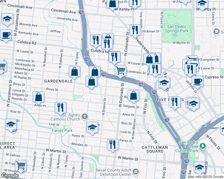 map of restaurants, bars, coffee shops, grocery stores, and more near 1434 West Poplar Street in San Antonio