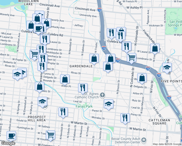 map of restaurants, bars, coffee shops, grocery stores, and more near 707 Rivas Street in San Antonio