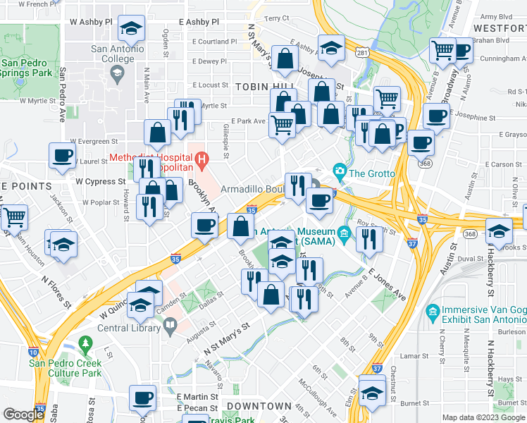 map of restaurants, bars, coffee shops, grocery stores, and more near 801 E Quincy St in San Antonio
