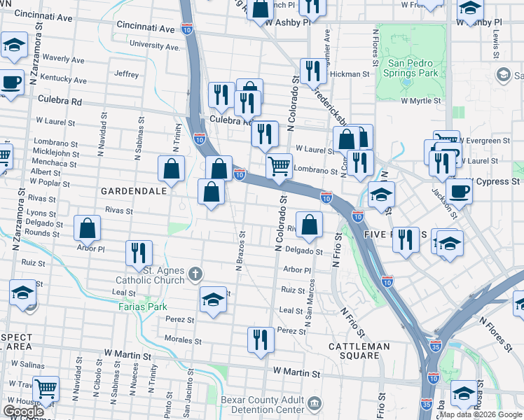map of restaurants, bars, coffee shops, grocery stores, and more near 1434 West Poplar Street in San Antonio