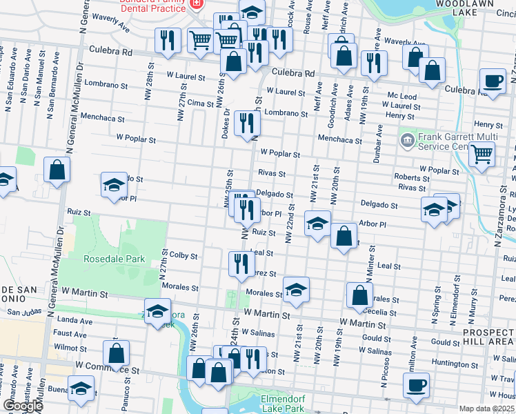 map of restaurants, bars, coffee shops, grocery stores, and more near 2327 Arbor Place in San Antonio