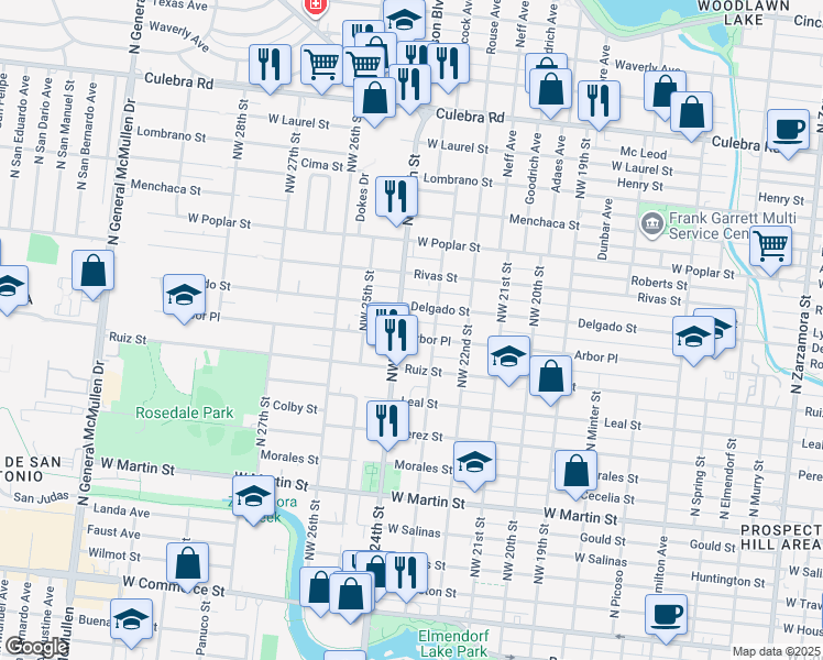 map of restaurants, bars, coffee shops, grocery stores, and more near 2327 Arbor Place in San Antonio