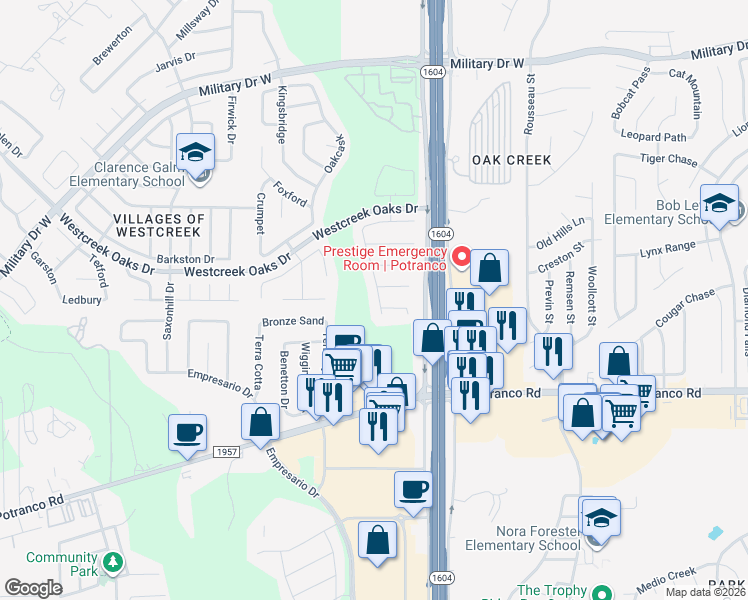map of restaurants, bars, coffee shops, grocery stores, and more near 11535 Spyglass Hills in San Antonio