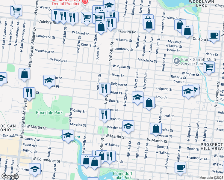map of restaurants, bars, coffee shops, grocery stores, and more near 2327 Arbor Place in San Antonio