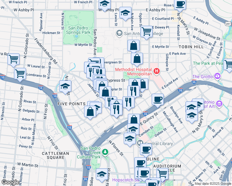 map of restaurants, bars, coffee shops, grocery stores, and more near 311 Howard Street in San Antonio
