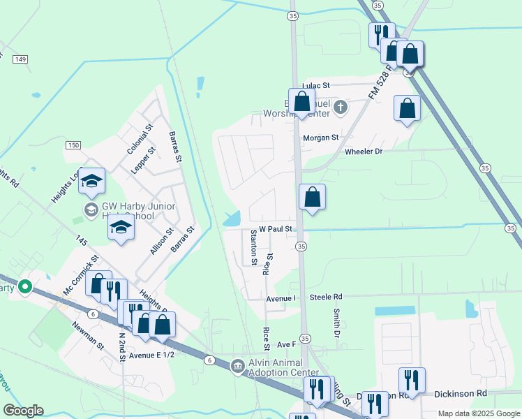 map of restaurants, bars, coffee shops, grocery stores, and more near 1807 Spring Meadow Court in Alvin